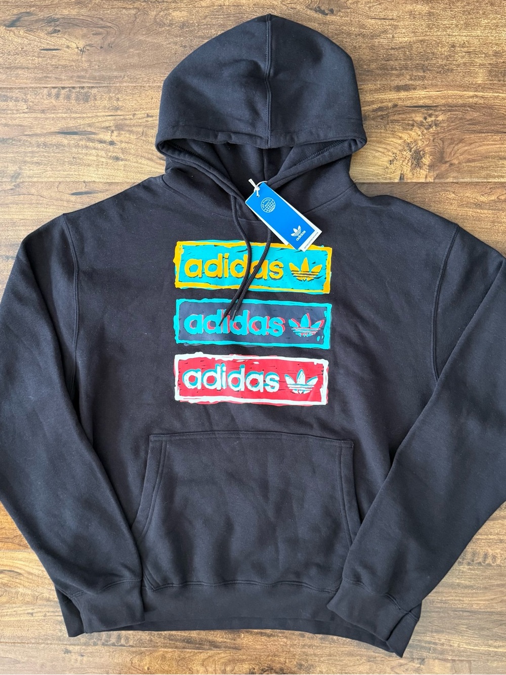 Adidas Mens Black Tri Linear Logo Long Sleeve Pockets Hooded Sweatshirt Size XL